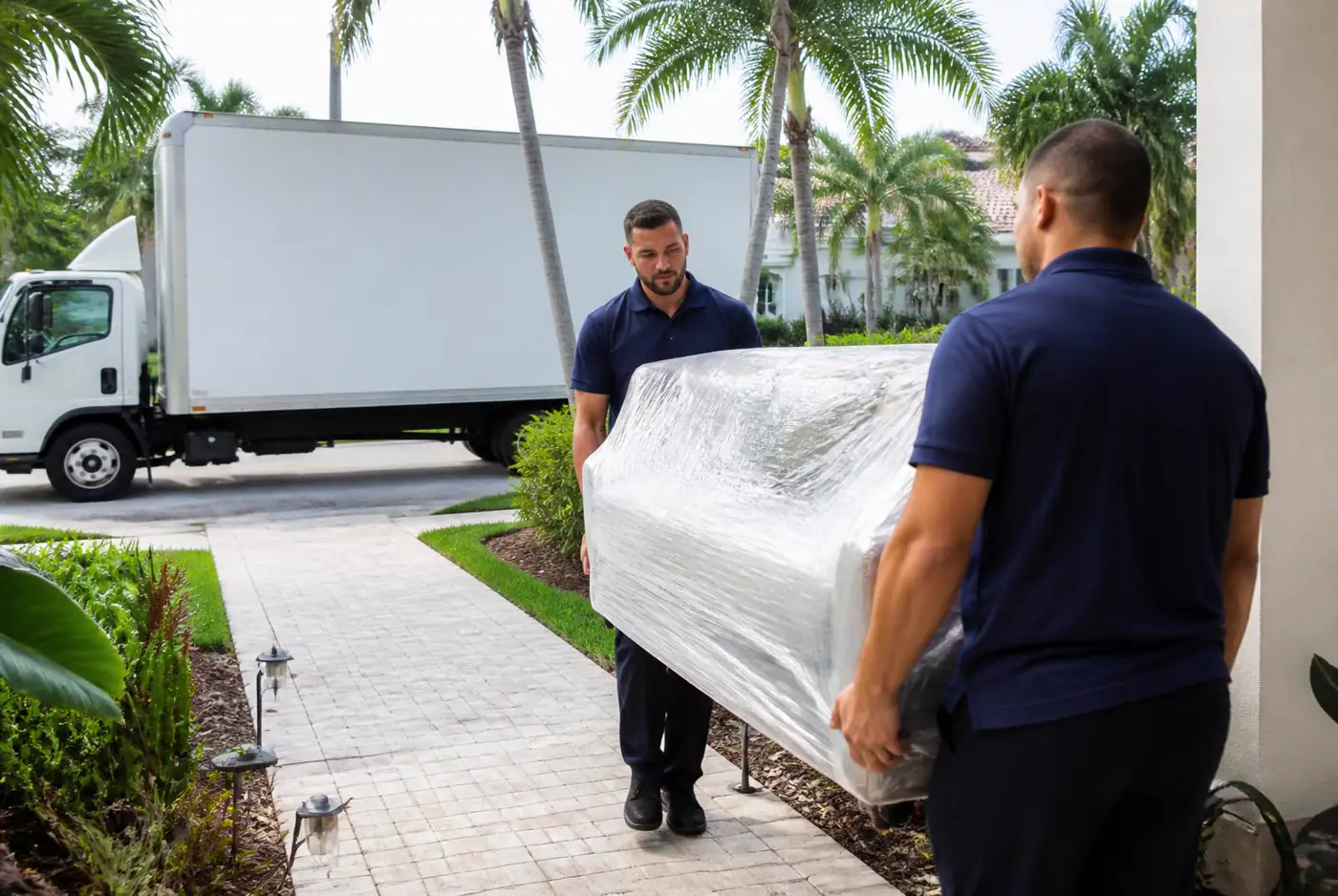 Two movers carrying a wrapped sofa toward a moving truck outside a South Florida home