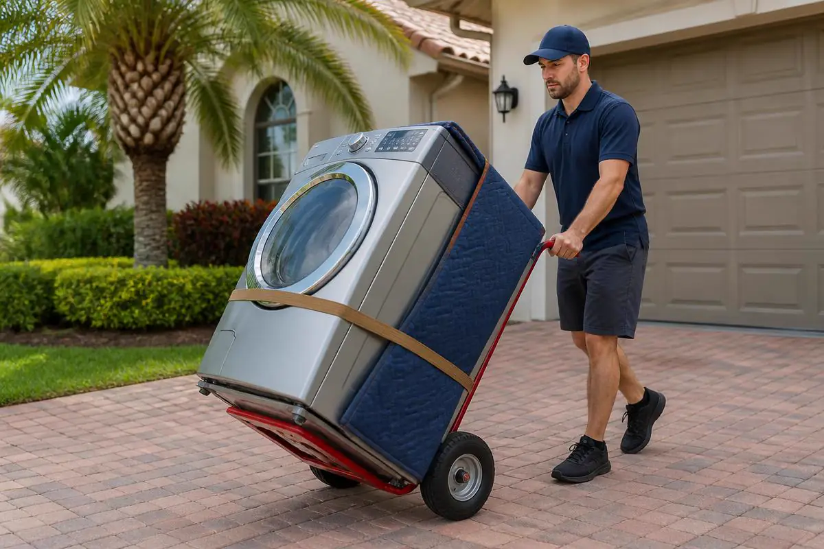 Two movers carrying a wrapped sofa and a washing machine out of a home