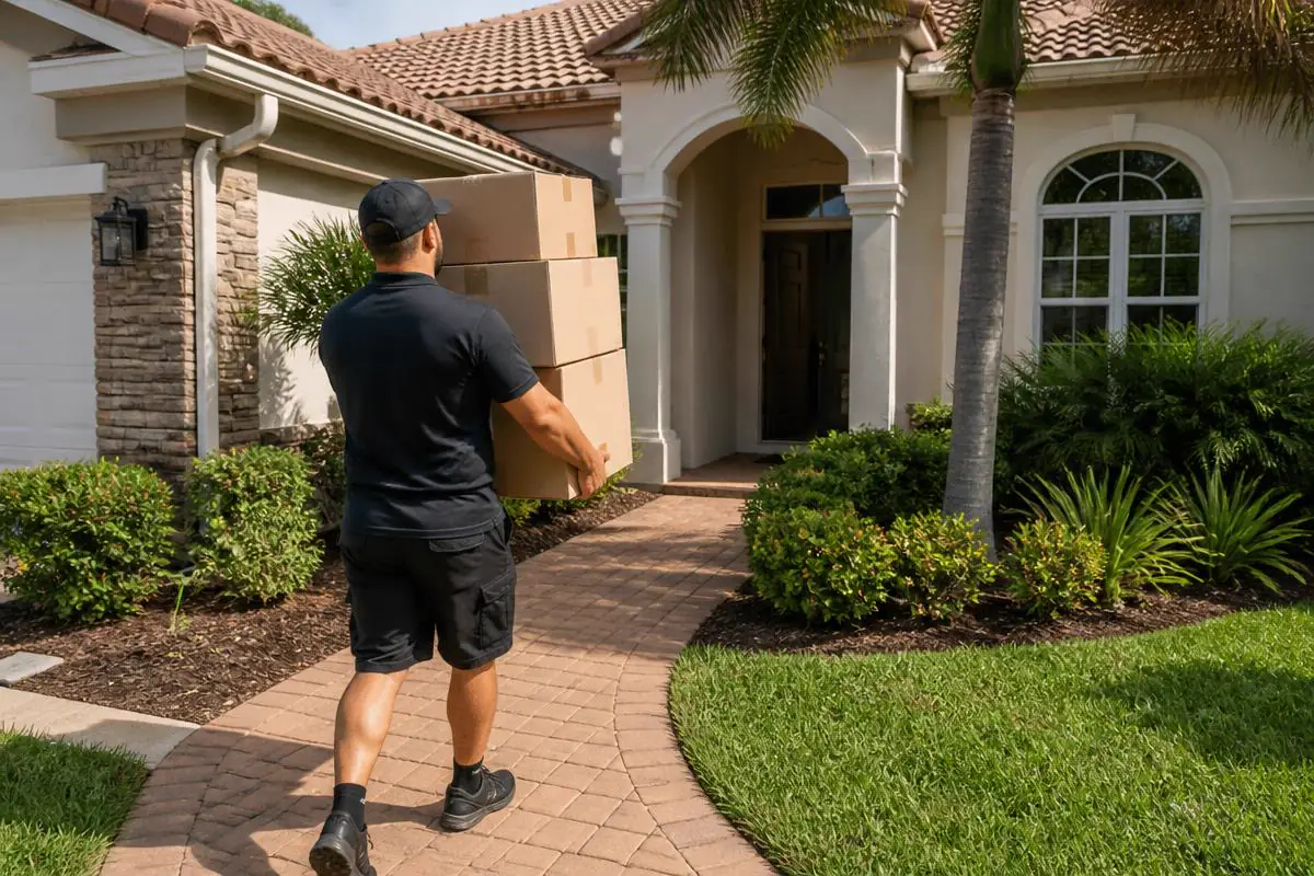 Mover carrying stacked moving boxes to the front door of a South Florida home