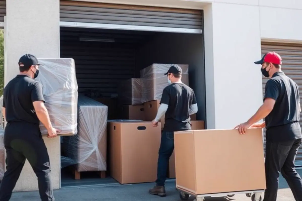 Movers loading wrapped furniture and boxes into a self-storage unit